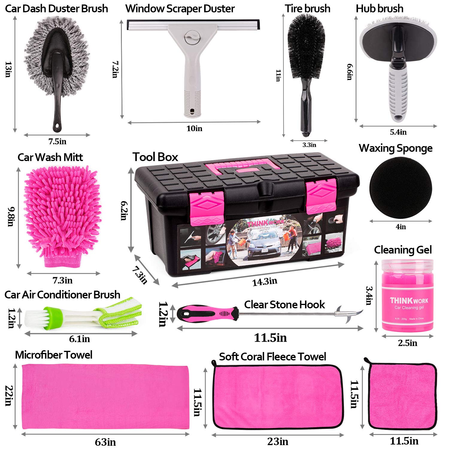 THINKWORK Pink Car Cleaning Kit Interior and Exterior, Car Wash Kit for
