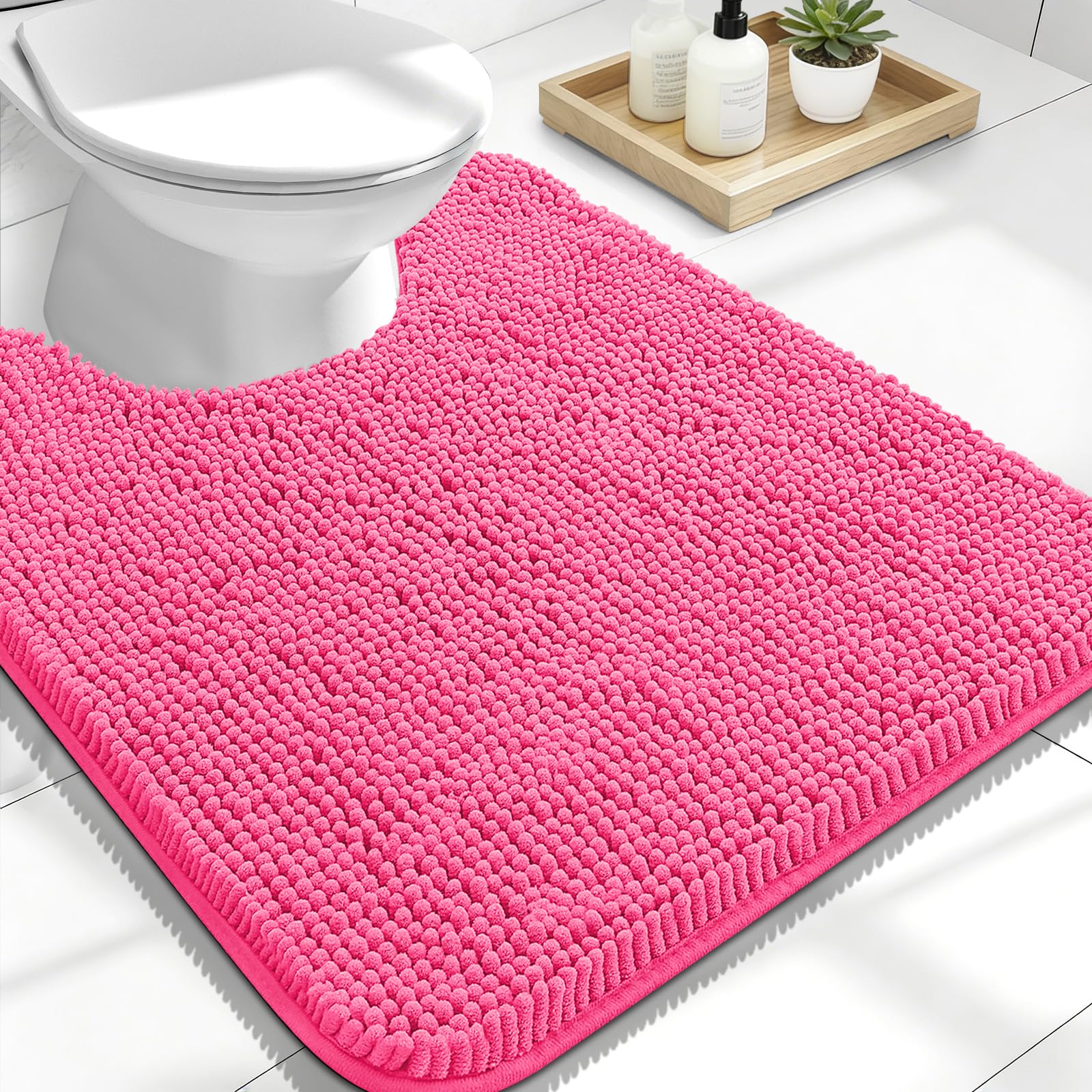 OLANLY Toilet Rugs U-Shaped 24x20, Soft Absorbent Chenille Contour Rugs | Hot Pink, Quick-Drying Rubber Backing, Machine Washable Non-Slip Shaggy Bathroom Mat for Toilet, Home Decor Accessories