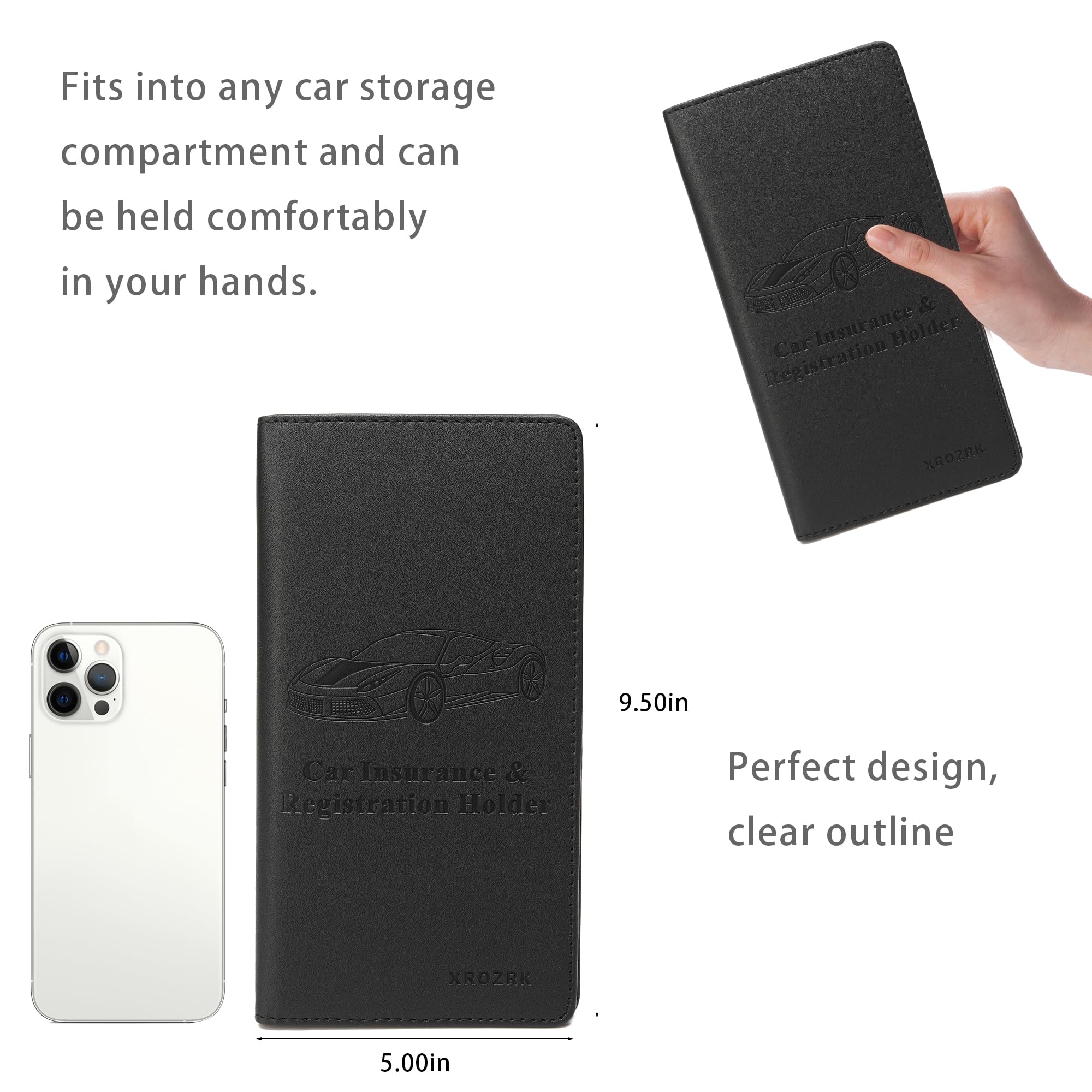 XROZRK Polyurethane, Leather Car Registration And Insurance Card Holder Document Wallet For Driver License & Other Essential Documents (Black) 2