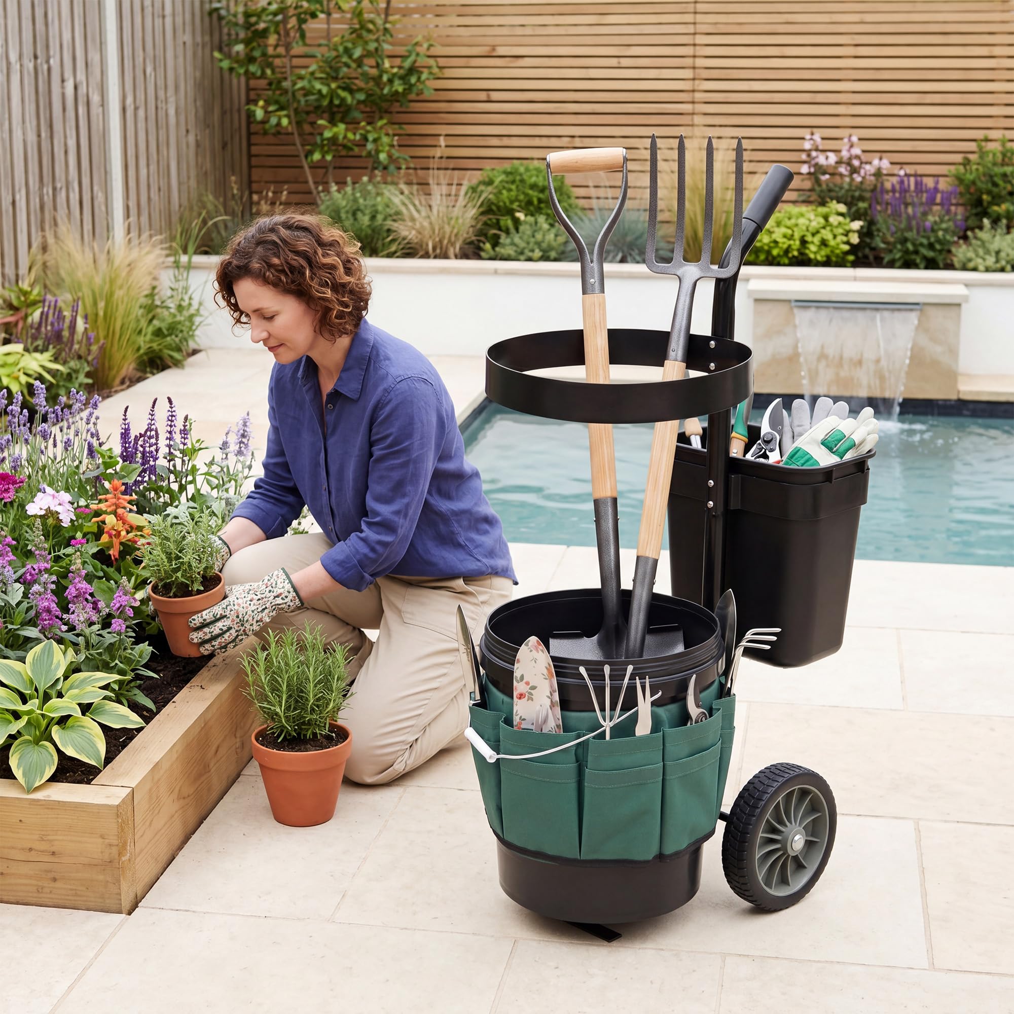 GYMAX Carro de Jardín para Herramientas, Carrito de Transporte con Ruedas, Cubo Redondo de 20 L, Cubo Rectangular de 5 L y Bolsa de Tela Oxford, Carretilla Portátil Porta Utensilios de Jardinería