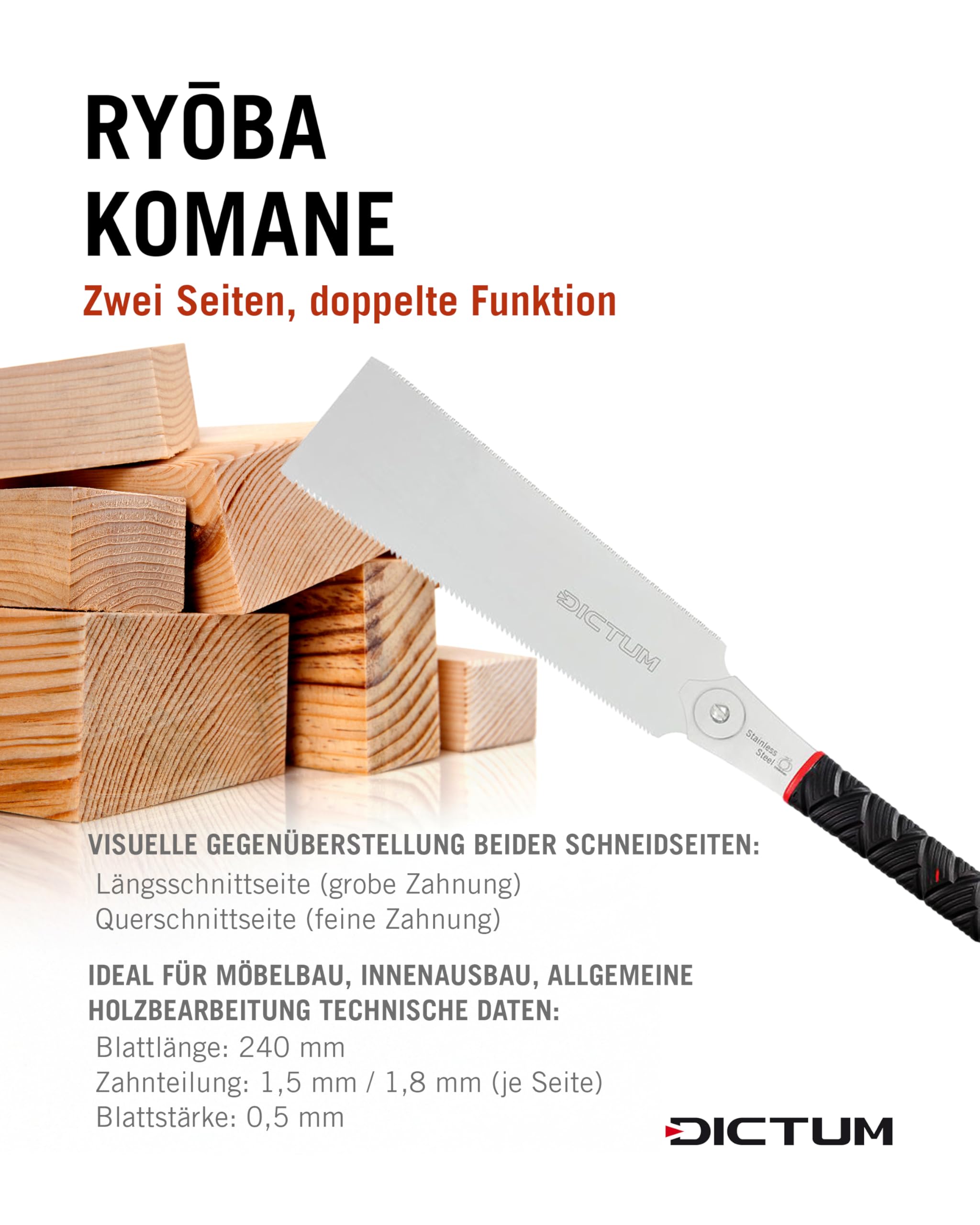 DICTUM Japansäge Set 3-teilig – Dozuki, Kataba & Ryoba | Profi Zugsäge mit Power Grip für Holzarbeiten
