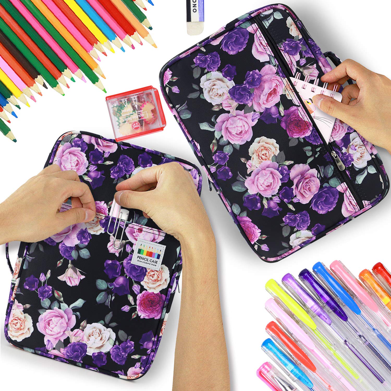YOUSHARES Farbiges Federmäppchen, 300 Fächer, großes Fassungsvermögen, Federmäppchen mit Mehreren Schlitzen, für Prismacolor Buntstifte und Gelschreiber, Violett-rosa Rose, 300 Slots, Modern