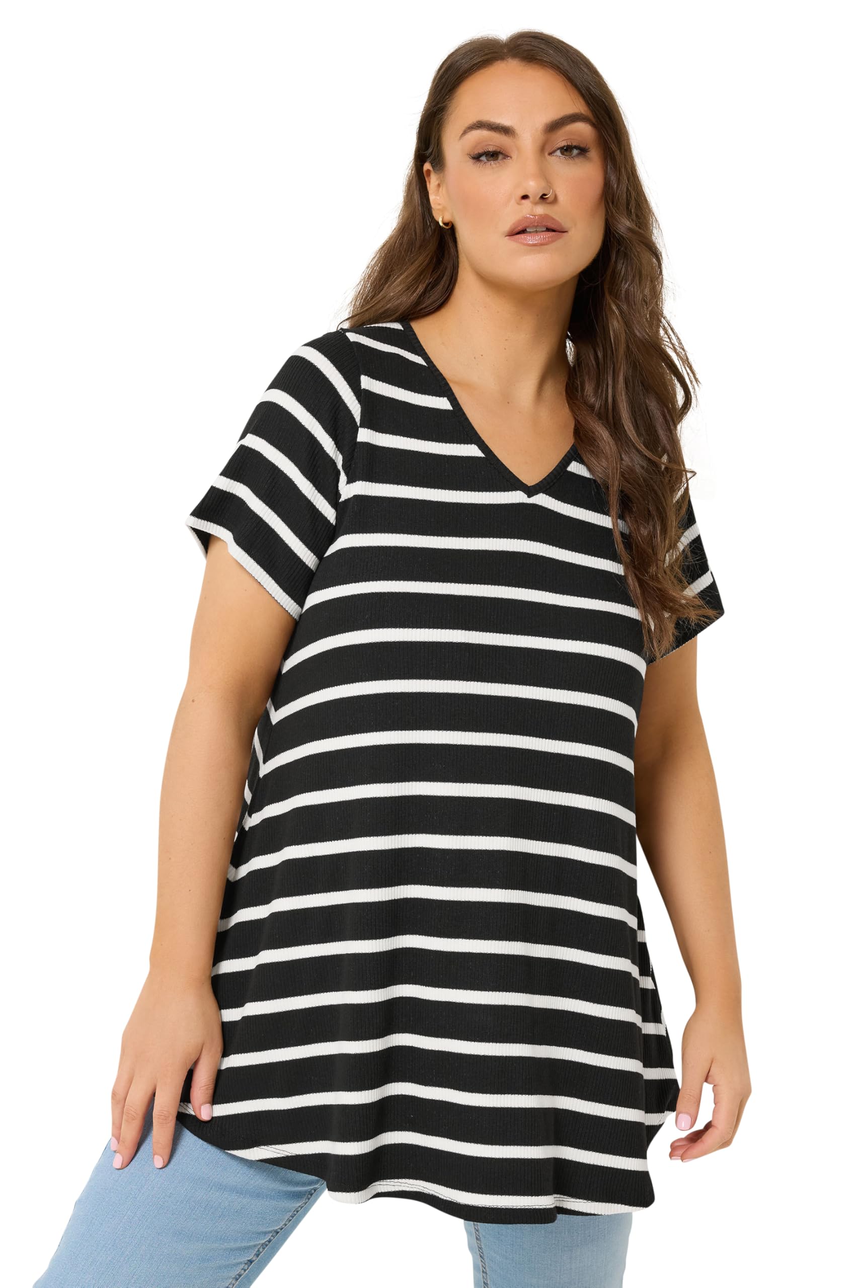 Yours Women's Black V-Neckline Stripe T-Shirt In | : Size 16