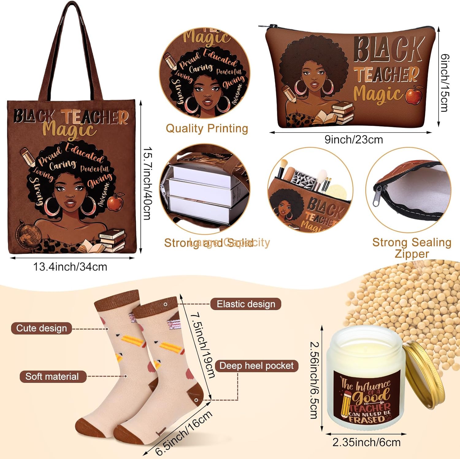 Quelay 10 Pcs Black Teacher Gifts Set for Women African Educator Appreciation Gift 16 oz Cup Blanket Cosmetic Bag Tote Bag Socks Candle Badge Reels Keychain Card for Teacher's Day Graduation American