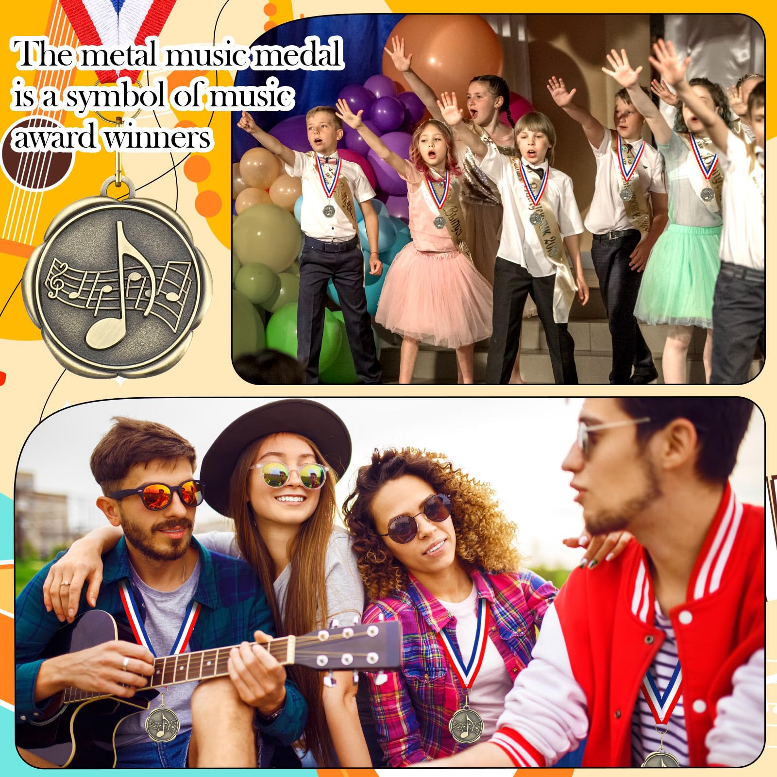 Quelay 100 medallas musicales a granel de oro con cintas para el cuello, trofeo de premio de metal para torneos de canto, competiciones musicales, regalo para niños o adultos
