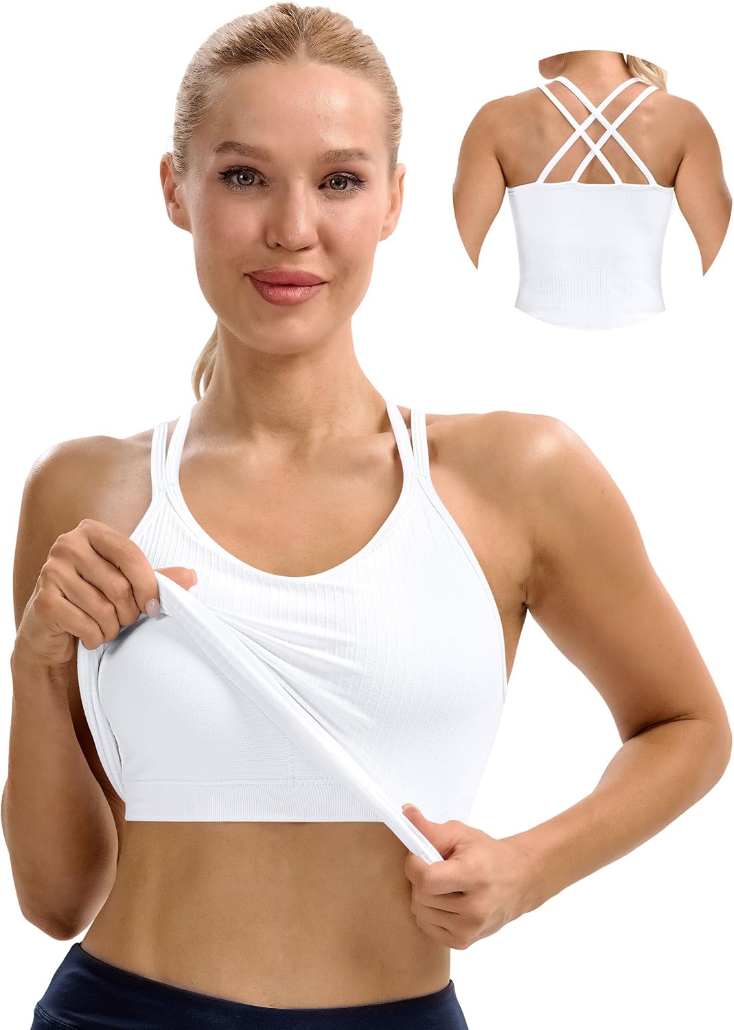 Seamless Ribbed Workout Tank for Women with Built in Bra, V Neck Spaghetti Strap Crisscross Back Yoga Top, Gym, Daily Wear