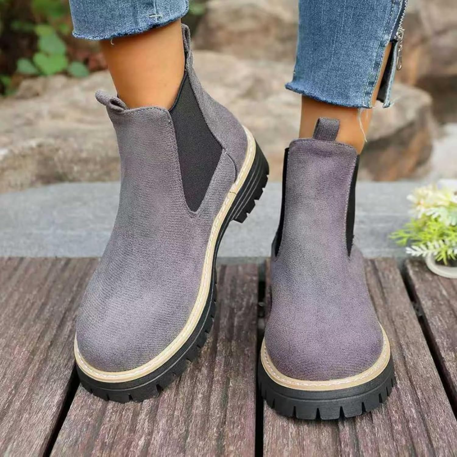 Womens Chelsea Boots with Lug Sole Round Toe Ankle Booties Classic Suede Elastic Chunky Low Heel Short Boots Slip On Comfortable Warm Work Booties Fall Winter Outdoor Walking Boot - Image 2