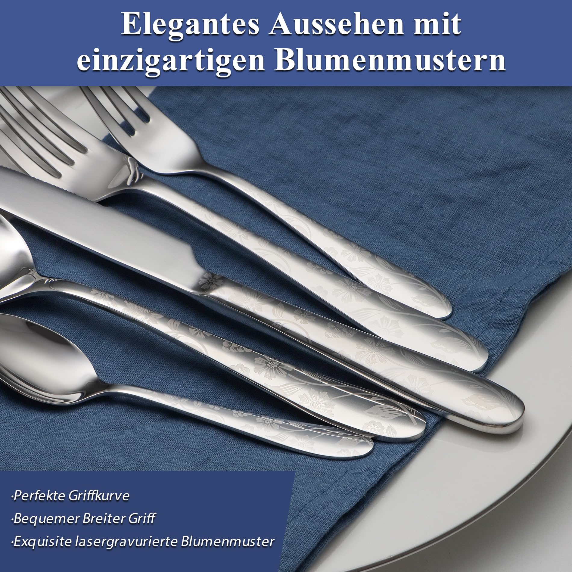 Besteck Set 6 Personen, 30-teiliges Edelstahl Besteckset mit einzigartigem Musterdesign, Essbesteck mit Messer Gabel Löffel, Tafelbesteck für Haus/Küche, Hochglanzpoliert, Spülmaschinenfest
