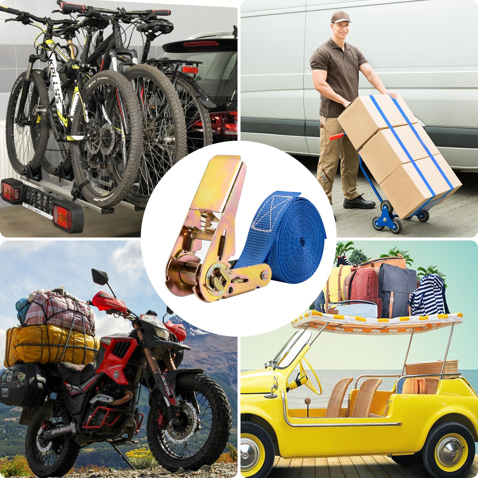Carehabi Cinghia di fissaggi 4M,Set da 2 Pezzi,Lunghezza Fino a 800 kg,Cinghie di serraggio Per il trasporto di materiali,motocicli,biciclette,rimozioni,pacchi bagagli,camping(Blu)
