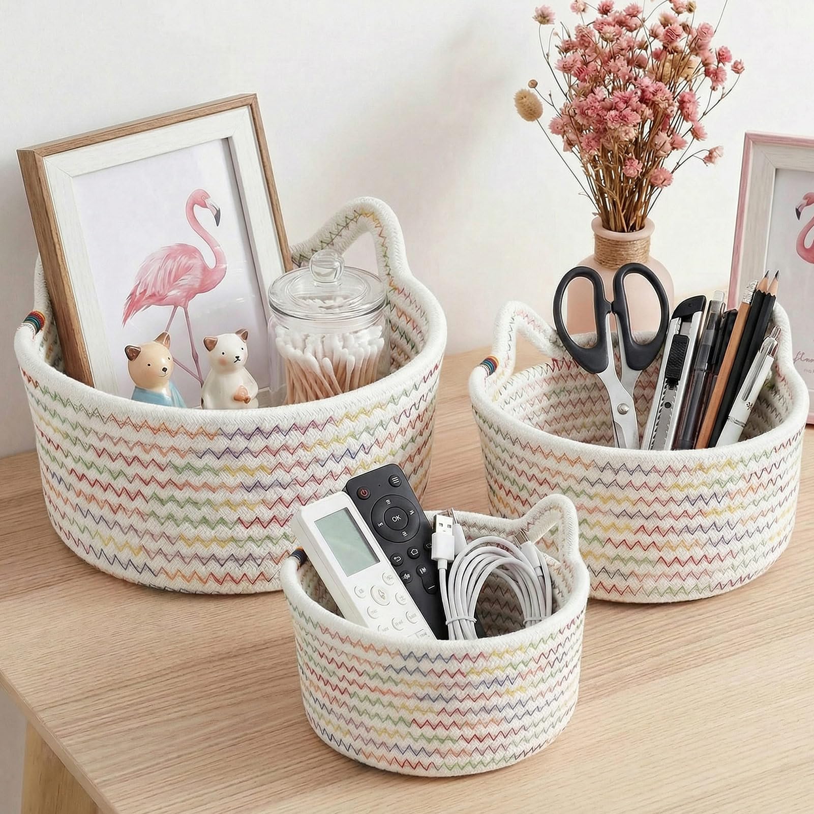3er Set Aufbewahrungskorb Geflochten, Körbe Aufbewahrung Baumwolle Körbchen Organizer Korb Geflochten für Bad, Schlafzimmer, Wohnzimmer, Regal und Haushaltsaufbewahrung Küche, Haushalt & Wohnen