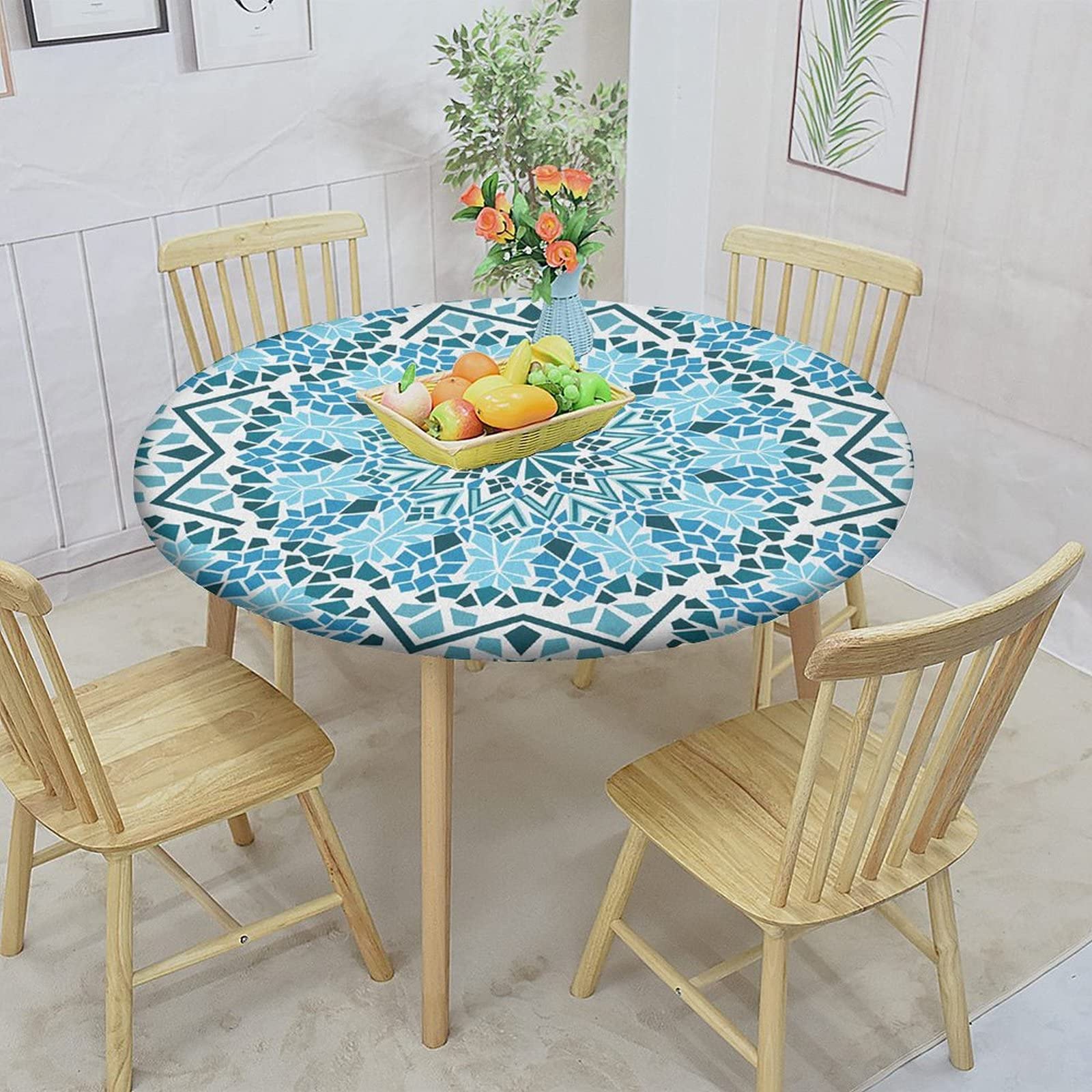 XISUNYA Moroccan Round Fitted Tablecloth,Geometrical Mosaics Pattern Mosaic and Print Elastic Edged Polyester Table Pad, Large, Fit Round Tables up 45