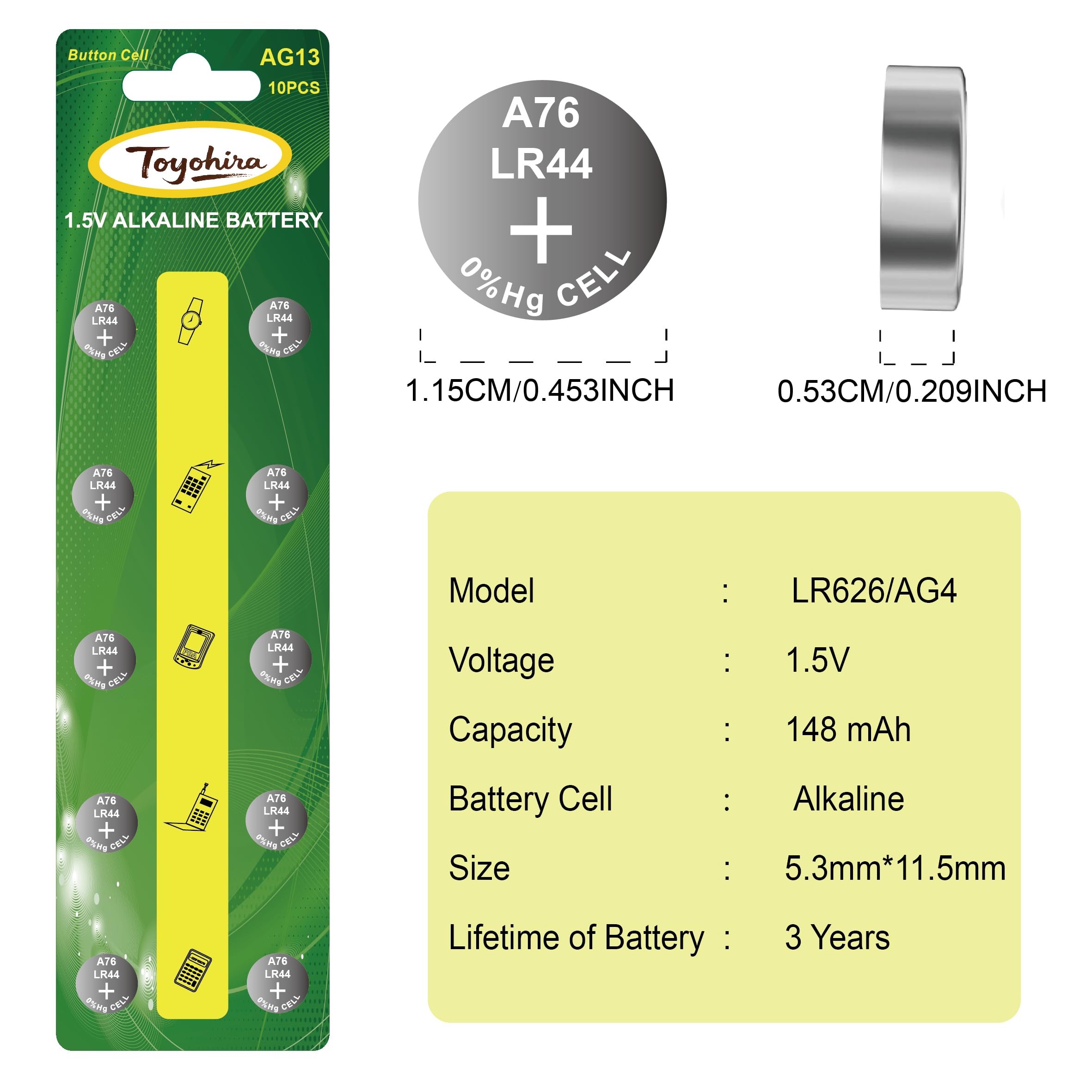 Toyohira LR44 - Confezione da 20 batterie alcaline a bottone AG13 357 303 SR44 A76 da 1,5 V per giocattoli e dispositivi elettronici
