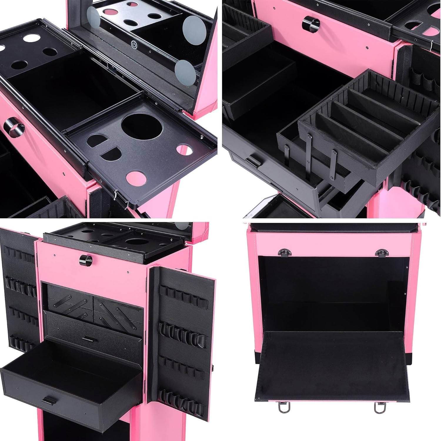 AW BYOOTIQUE Pink Rolling Makeup Case with Mirror Light Pro Large Cosmetic Artists Hair Stylist Barber Organized Trolley Lockable