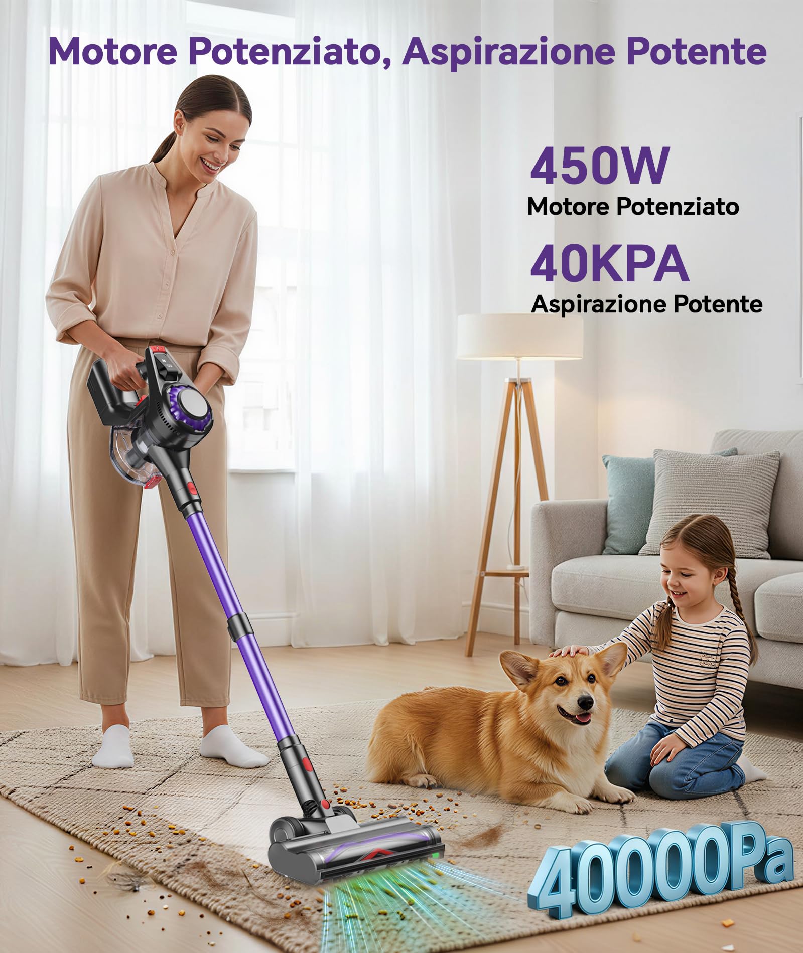 Aspirapolvere Senza Fili 40KPa 450W Motore Potenziato 50Min, 1.6L Scopa Elettrica Senza Fil Autoportante, Base di Ricarica Muro Spazza Anti Groviglio, Scopa Elettrica per Peli Animali Tappeti Parquet