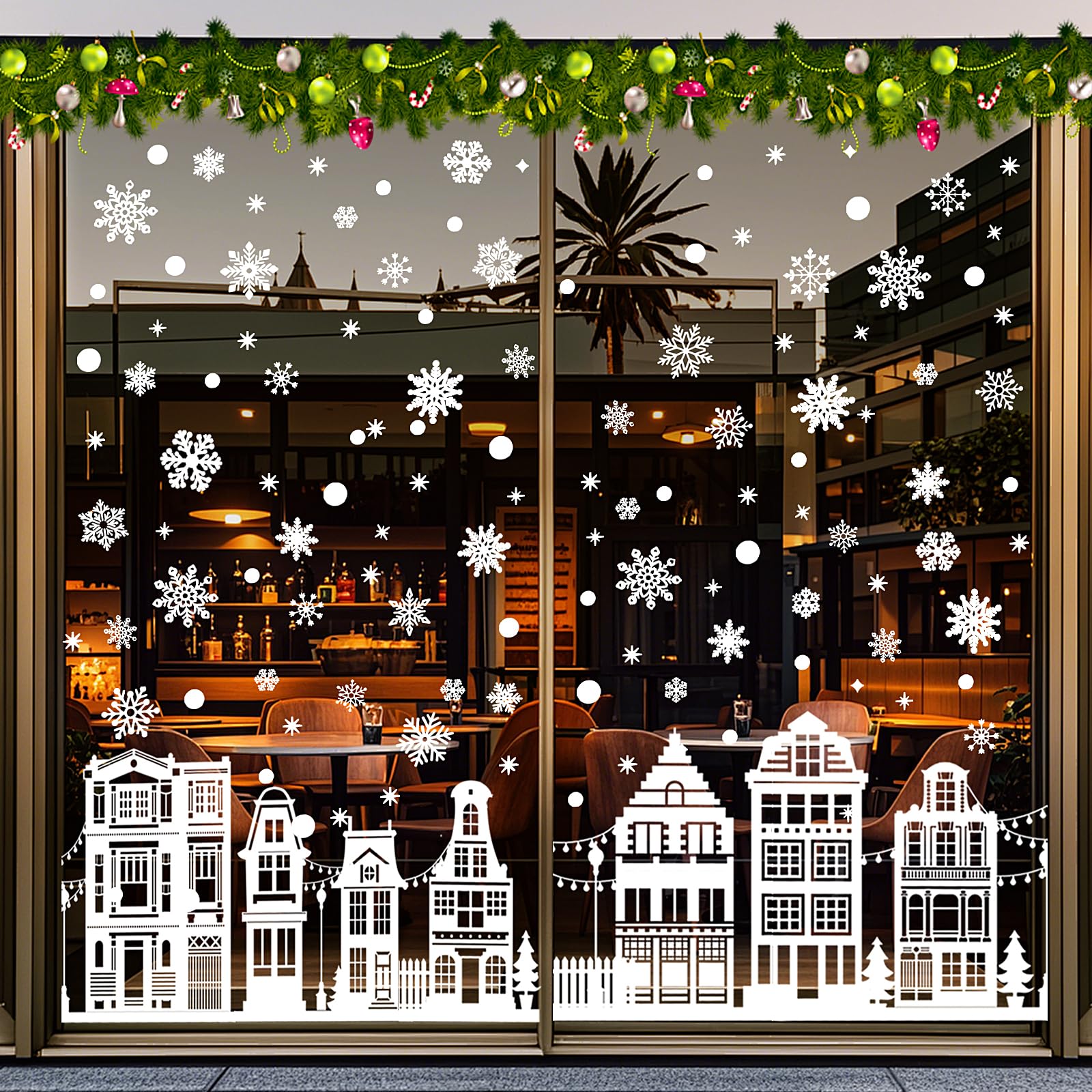 Chiholen A (Snowflake House) 137 Pcs Christmas Window Stickers, White Christmas Decorations With Snowflakes And Houses, Self-Adhesive, Reusable Xmas Window Cling, Pvc Double-Sided Window Decal