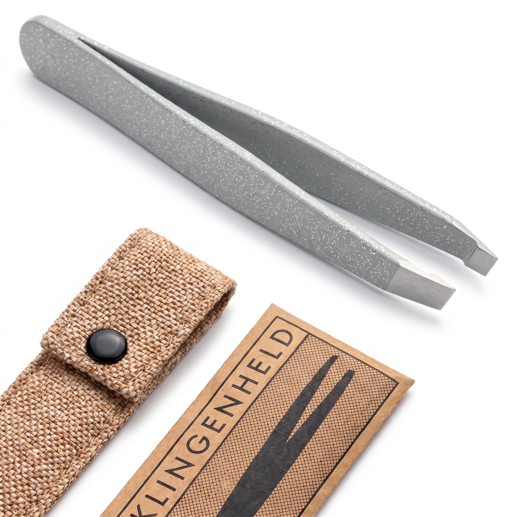 KLINGENHELD® Haargenaue Pinzette - greift jedes Haar beim 1. Versuch ohne durchrutschen - Pinzette Augenbrauen Zupfen handgeschliffen, schließt Jahr für Jahr bündig - Jute-Etui (50 Farben)