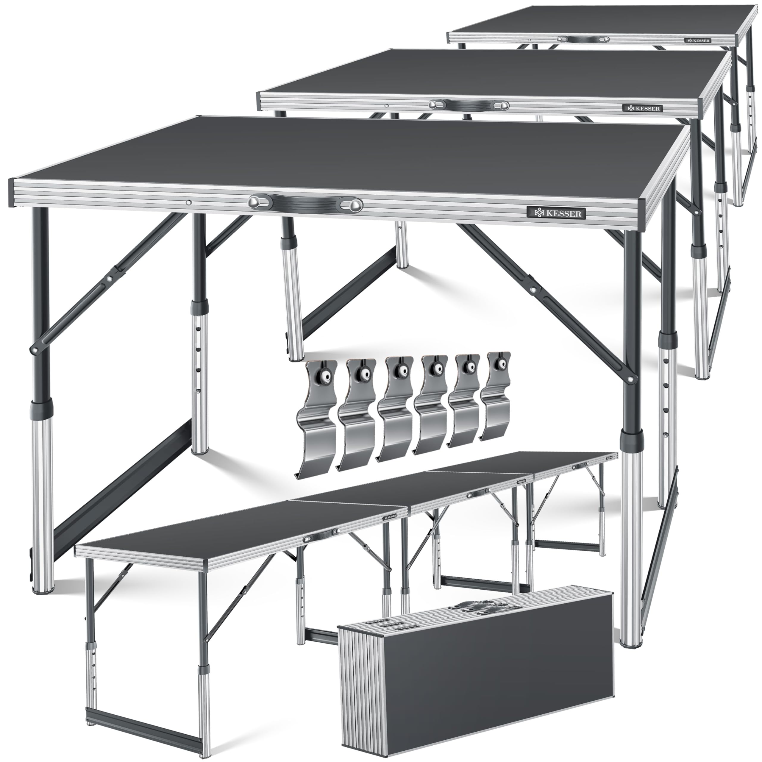 KESSER Tavolo multifunzione professionale, 3 pezzi, 100 x 60 cm, carico totale di 90 kg, con funzione estraibile, tavolo pieghevole per mercatino delle pulci, tavolo da campeggio multiuso, regolabile