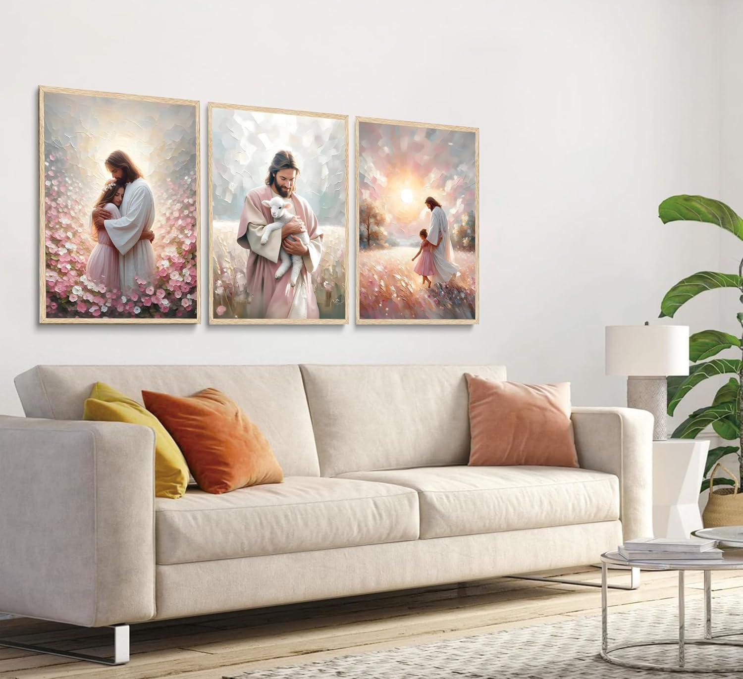 3Pcs Christian Jesus Canvas Wall Art Pastel Pink White Gold Embracing Child Holding Lamb Walking Faith Scenes Paintings Prints Wall Decor Posters Pictures for Bedroom Living Room Prayer Room Decoration Unframed