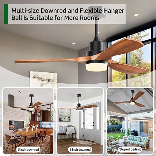 Miniatura 4 de Ventiladores de techo con luces, ventilador de techo de madera de 52 pulgadas, ventilador de techo de 3 aspas, control remoto de 6 velocidades,