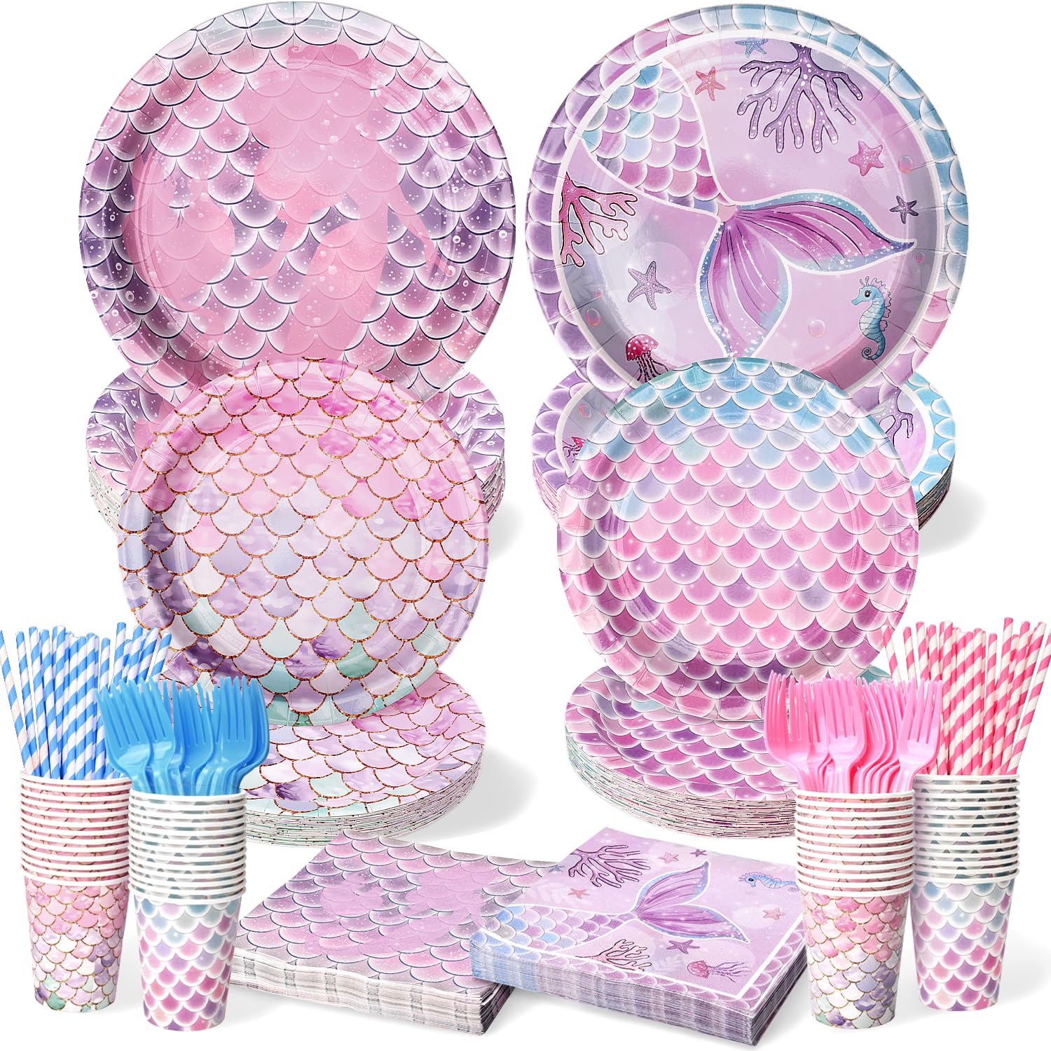 300Pcs Mermaid Plates and Napkins Tableware Sets (Serve 50), Mermaid Party Supplies (Blending 2 Designs ), Including Plates Napkins Cups Straws and