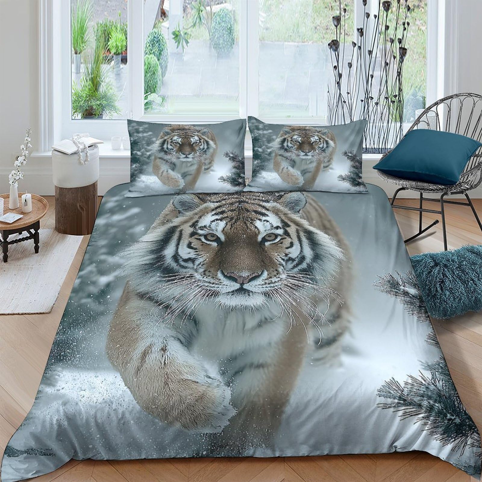 GPLZQXKJNH 3D Printed Tiger Forest Duvet Cover Microfiber Soft Breathable Snow Animal Bedding Set with 2 Pillowcases for Bedroom Decor Single（135x200cm）