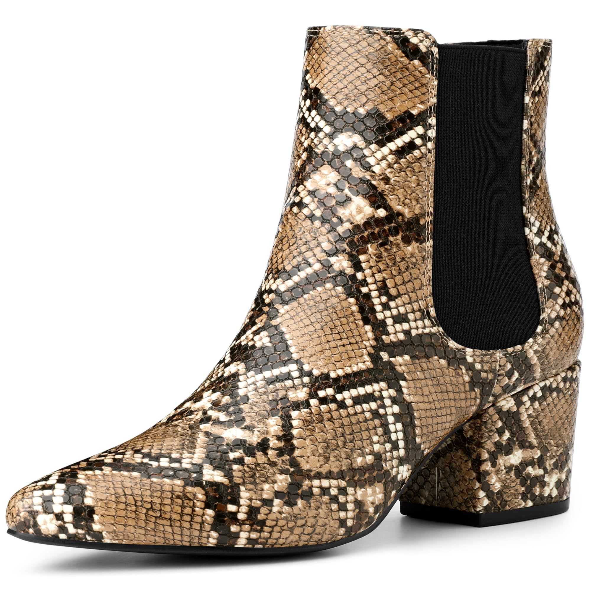 Perphy Snake Print Boots Pointed Toe Chunky Heels Ankle Boots for Women