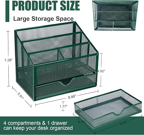 Miniatura 2 de Organizador de escritorio, accesorios de oficina, organizador de escritorio de malla multifuncional mejorado con 4 compartimentos y 1 cajón para el