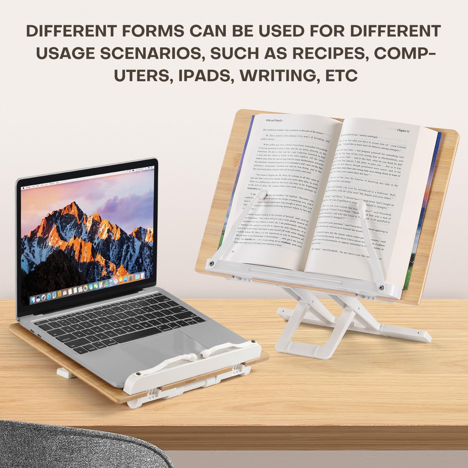 Soporte para libros de lectura, soporte plegable para libros de cocina, bandeja ajustable y clips de papel de página con clips elásticos para recetas, partituras de música, laptop, tableta