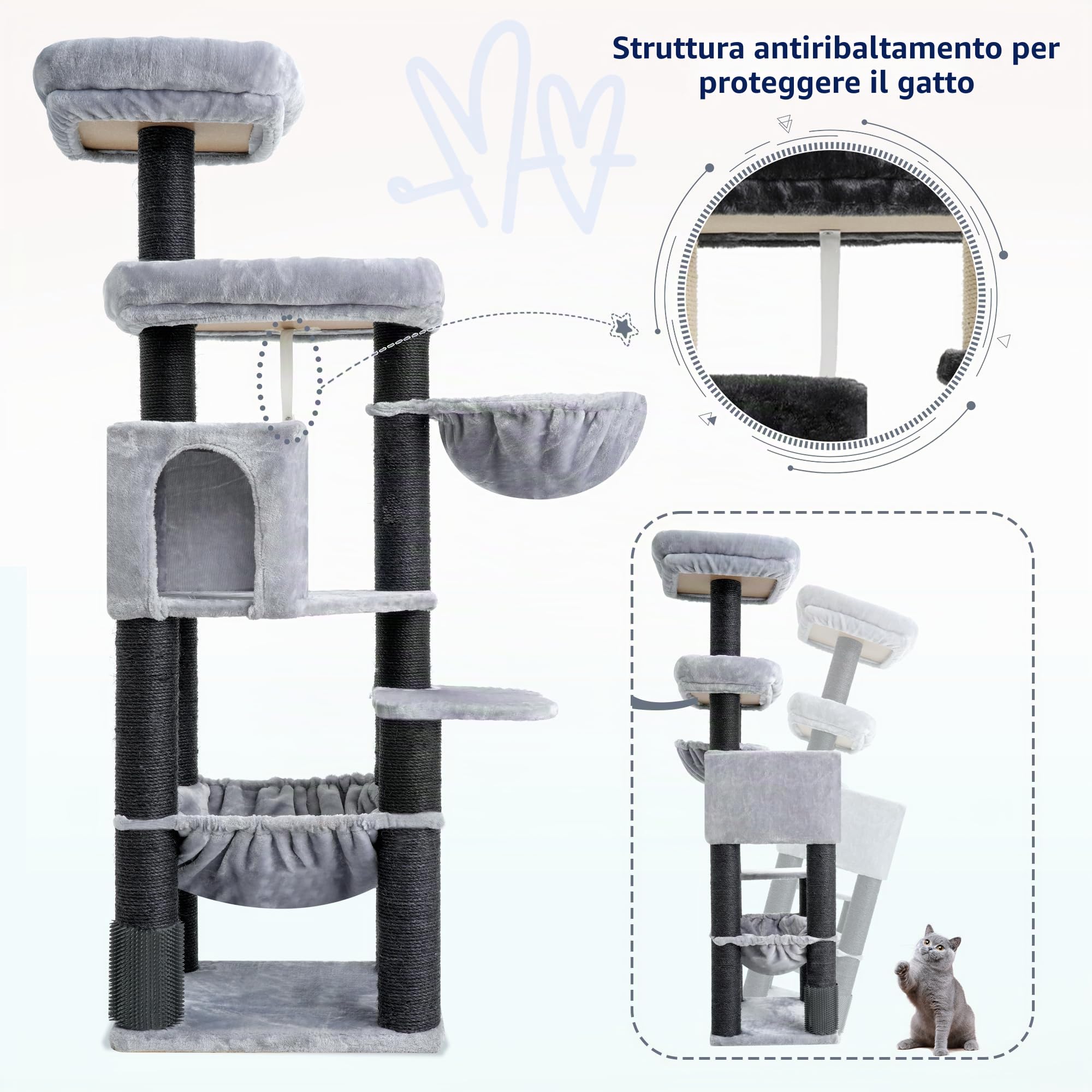 Hey-brother Tiragraffi per Gatti, Colonna sisal 11cm spessa, Amaca, MPJ01W | 168cm Albero per Gatti, 2 Piattaforme, Cesta, Cuccia, Spazzola per animali, Ideale per Maine Coon da interno, Grigio Chiaro
