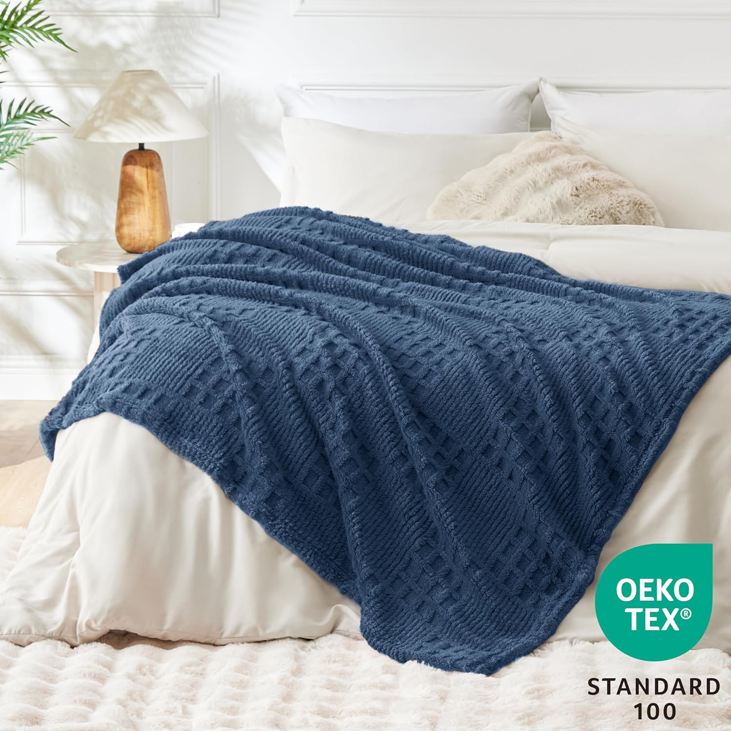 EXQ Home Fleece Throw Blanket for Couch or Bed - 3D Waffle Patchwork Pattern Jacquard Decorative Blankets - Cozy Soft Lightweight Fuzzy Flannel Blanket Suitable for All Seasons(50"×60",Dark Blue) - Image 3
