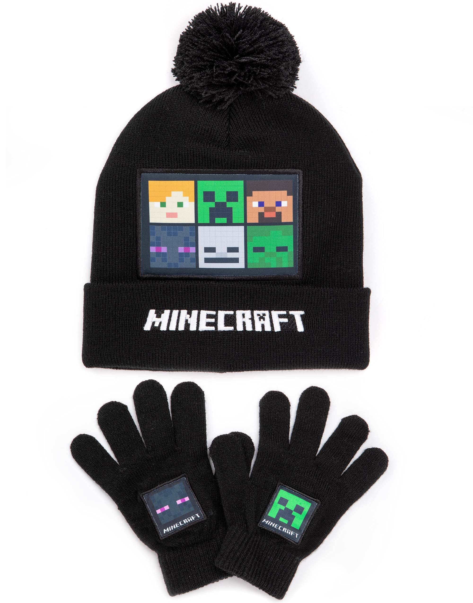 Minecraft Bobble Hat Gloves Scarf Set Kids | Boys Girls Black Knitted Beanie Hand Warmer One Size | Creeper Steve Skeleton Characters | Game Gift Merchandise