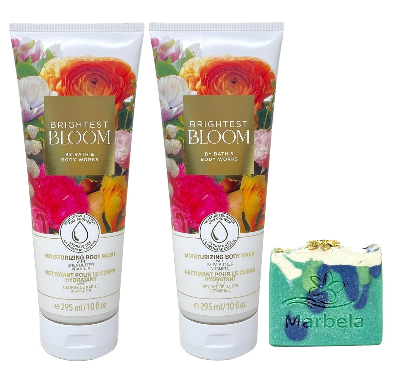 Bath & Body Works Brightest Bloom 2 Piece Moisturizing Body Wash Gift Set with an Aloe Vera Bar Soap.