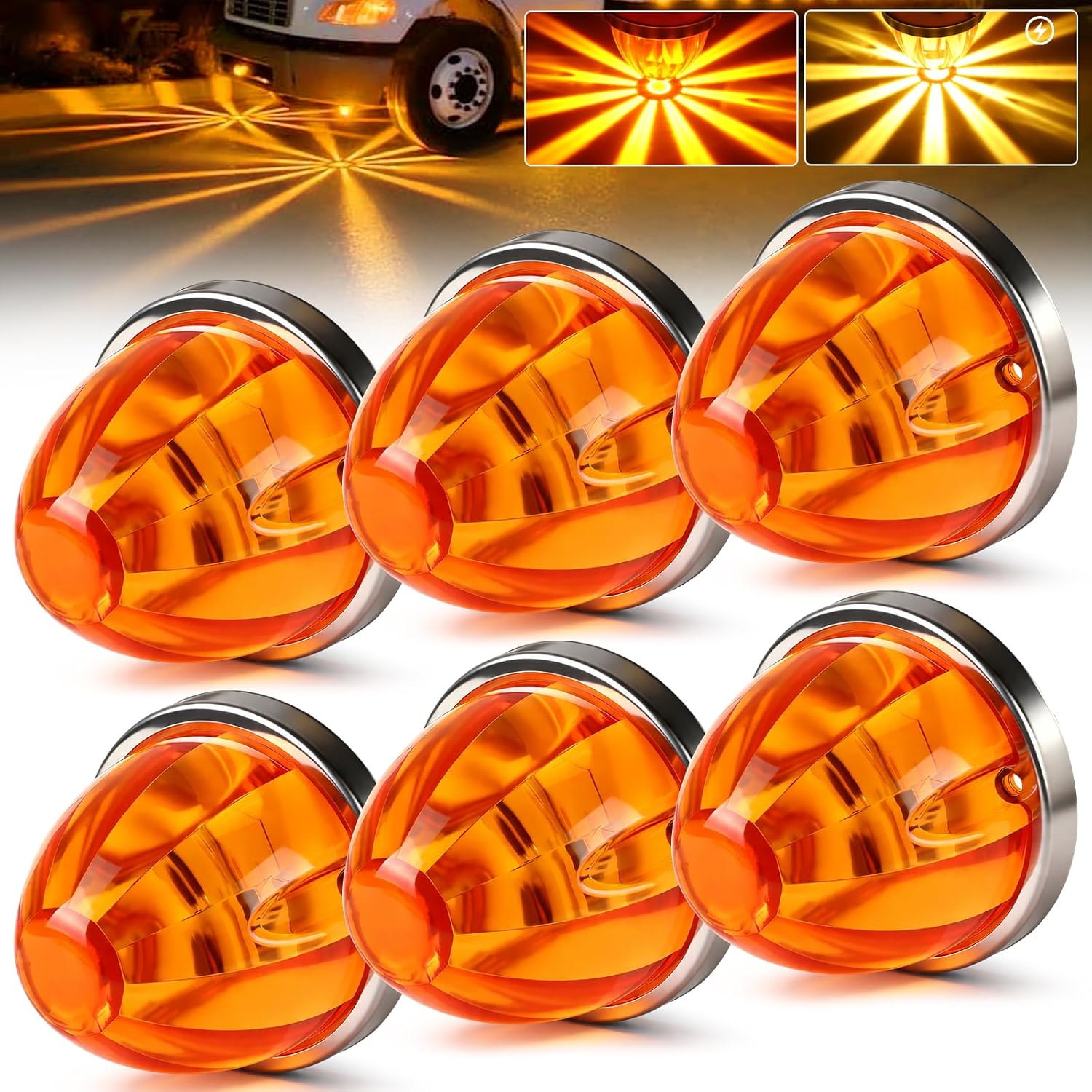 6PCS Amber Watermelon Lights, Strobe & Constant Dual-Function Watermelon Lights for Semi Truck, Waterproof Amber LED Marker with Bezel Replacement for Kenworth Peterbilt Freightliner Trucks
