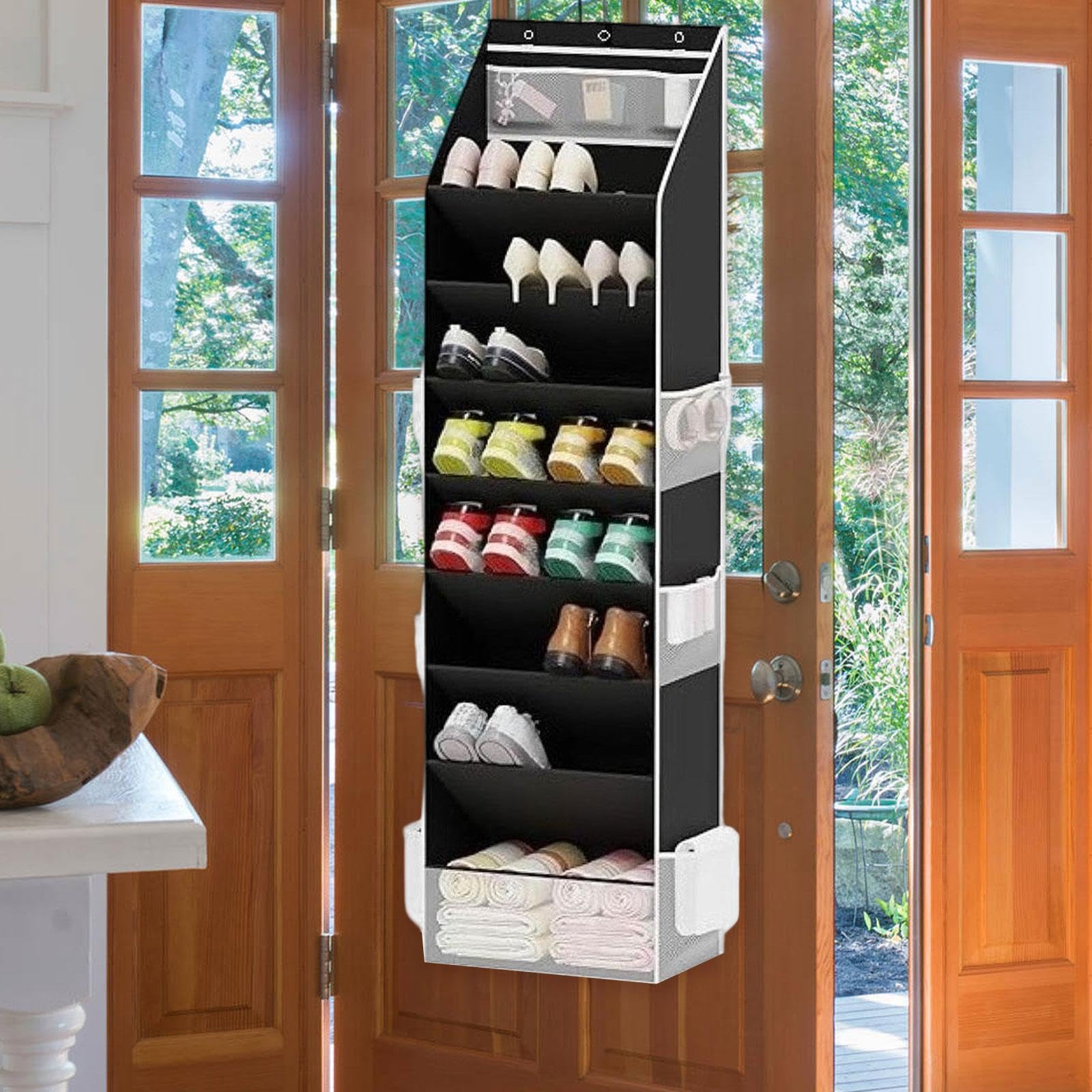Fenteer Organizador de Zapatos Colgante con Compartimentos Amplios Estante para Zapatos para Colgar sobre Puerta Soporte Organizador Vertical Diseño en Tela O, Negro, Individual