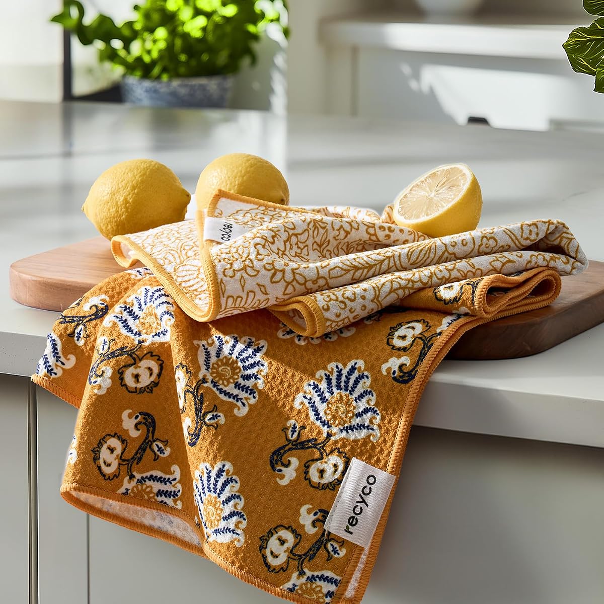 Waffle Kitchen Towel Set of 2 - Quick Dry Microfiber Sustainable Dish Towels - Ultra Absorbent Reusable Cleaning Tea Towels - Lightweight Hand Towels,16”x 28”, Marigold Mosaic