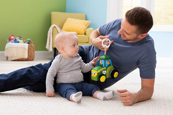 Lamaze John Deere Tractor Car Seat and Stroller Toy - Soft Hanging Toy With High Contrast Colors for Travel - Baby Crinkle Toy Ages 0 Months and Up