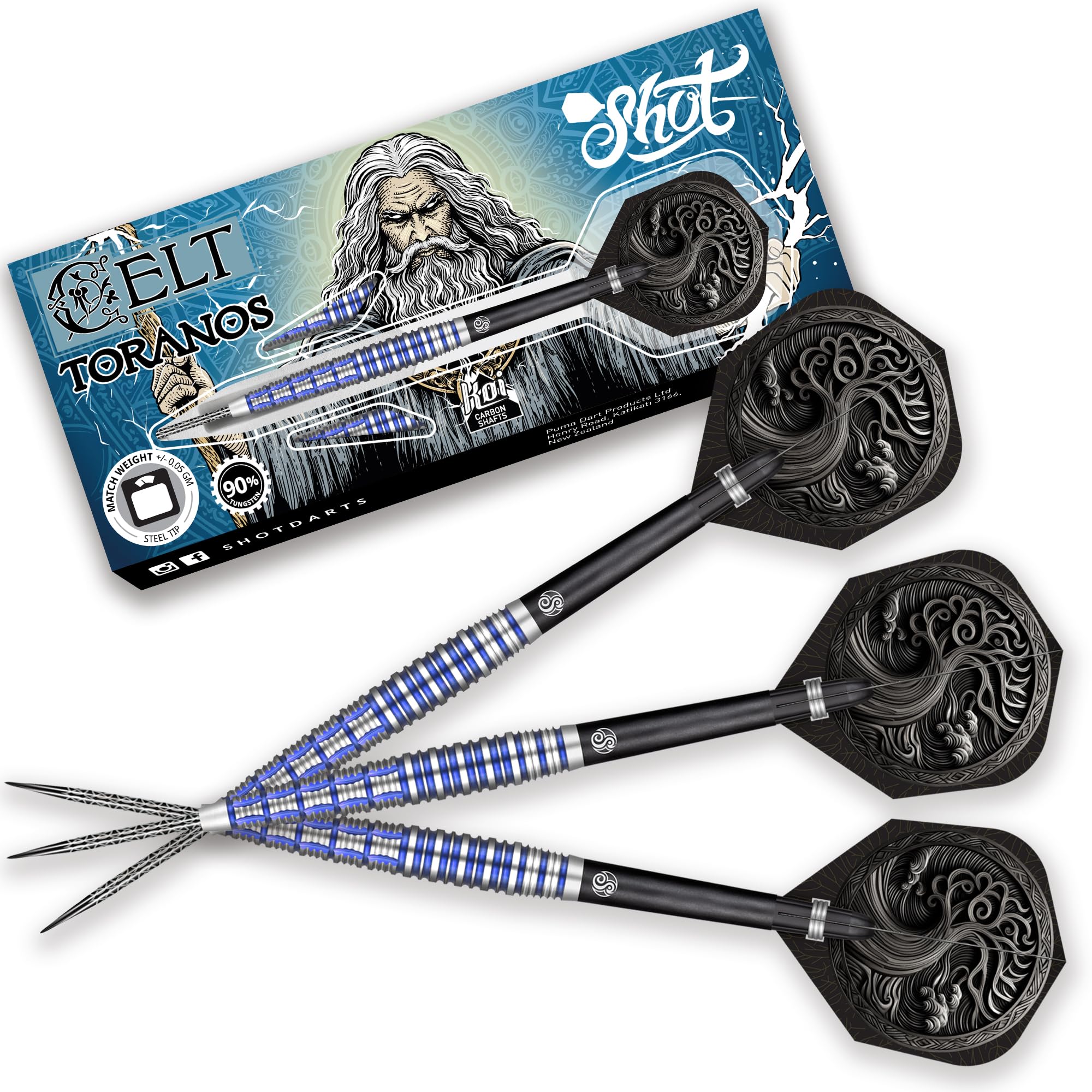 Shot! Darts Steel Tip, Celt Toranos Tungsten Barrels Balanced for Maximum Aerodynamics Handcrafted Professional Dart Set and Flights Made in New