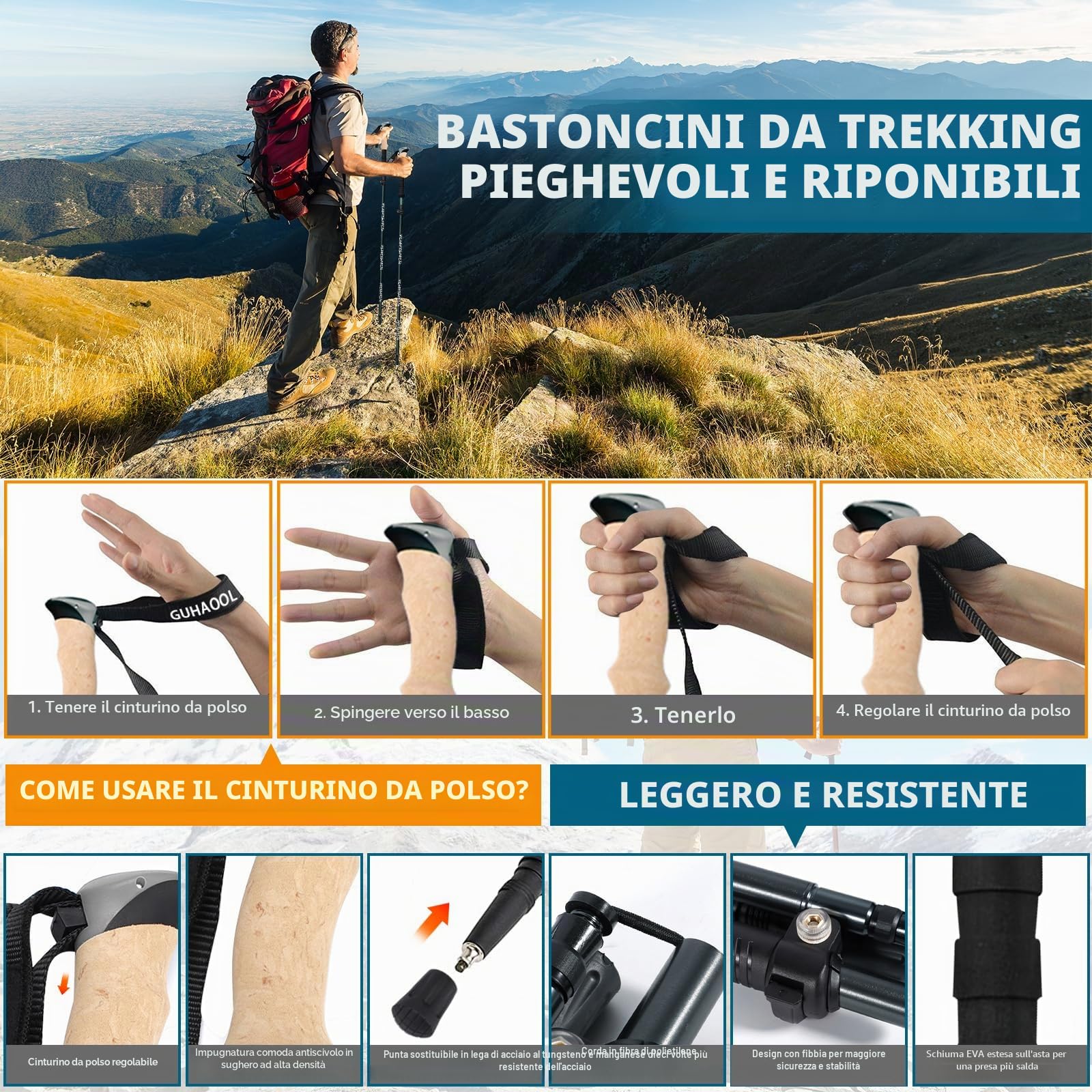 Bastoni Trekking Bastoncini da Trekking, 2 Pezzi Nordic Walking Nordic Walking Bastoncini Pieghevole Regolabile 108-139cm, Bastoncini Trekking Carbonio Allu 7075 con 5 Paia di Puntali in Gomma