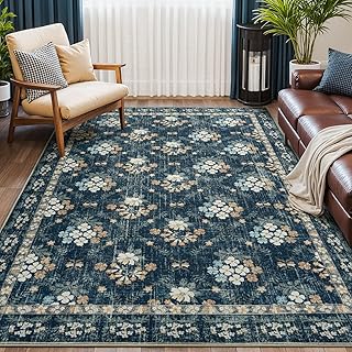 Lessymo Dining Room Rugs for Under Table, 6x9 Washable Area Rug for Living Room, Low Pile Non-Slip Floor Carpet for Bedroom, Stain Resistance Vintage Floral Design Décor, Navy/Beige