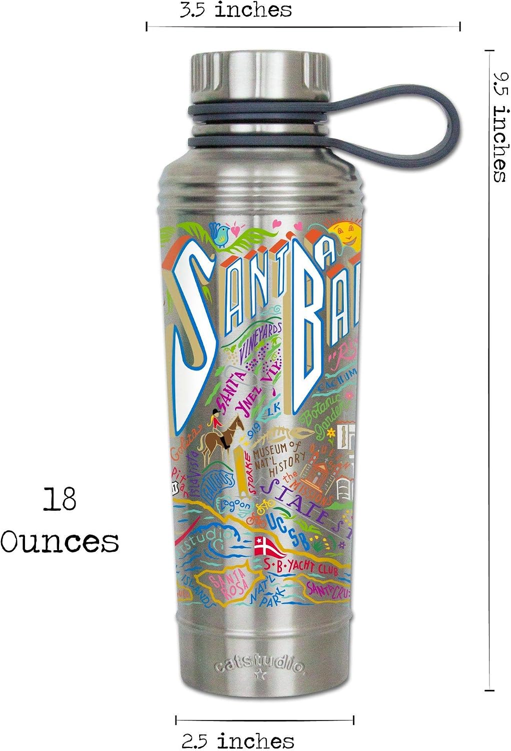 Catstudio Santa Barbara Stainless Steel Water Bottle | BPA Free Triple Wall Insulation with Non Slip Bottom | Great for Running, Hiking, Sports, & Travel