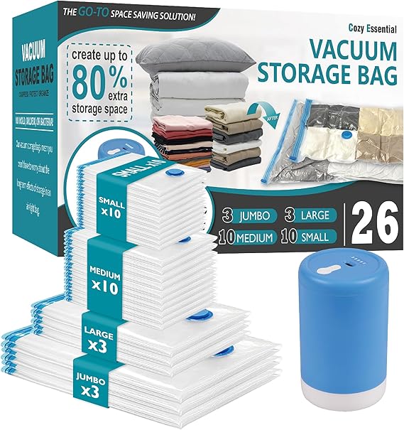 Cozy Essential 26 Pack Vacuum Storage Bags with Portable Electric Pump, Vacuum Seal Space Saver Bags