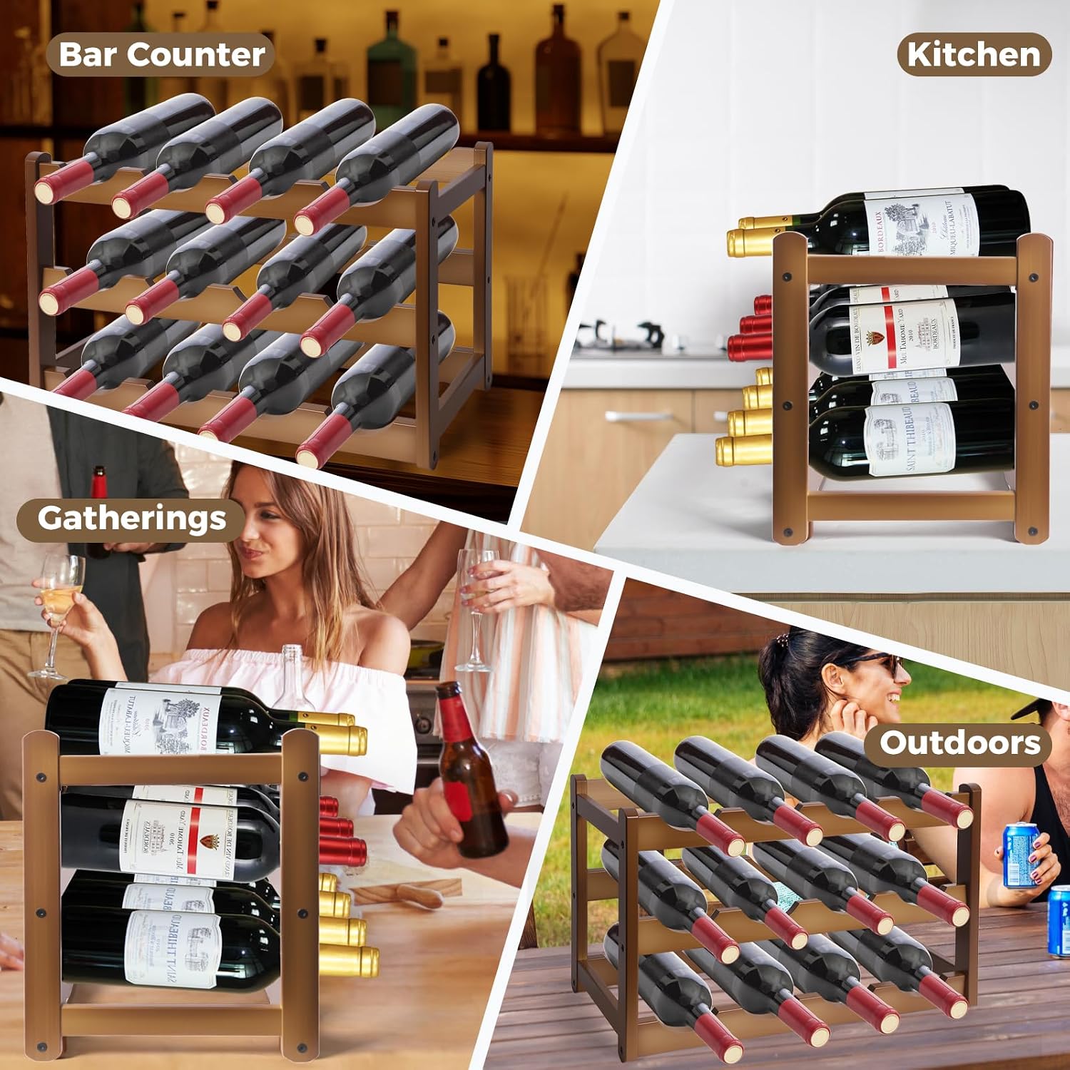 Bamboo Wine Rack, 3-Tier 12-Bottle Countertop Storage Shelf