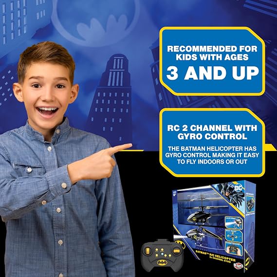 BLADEZ Batman R/C Helicopter 2 Channel Gyro Batman Helicopter, DC Comics, RC 2 Channel with Gyro Control, Easy to Fly with lights, Crash Proof, Licensed Toy for kids, Toyz