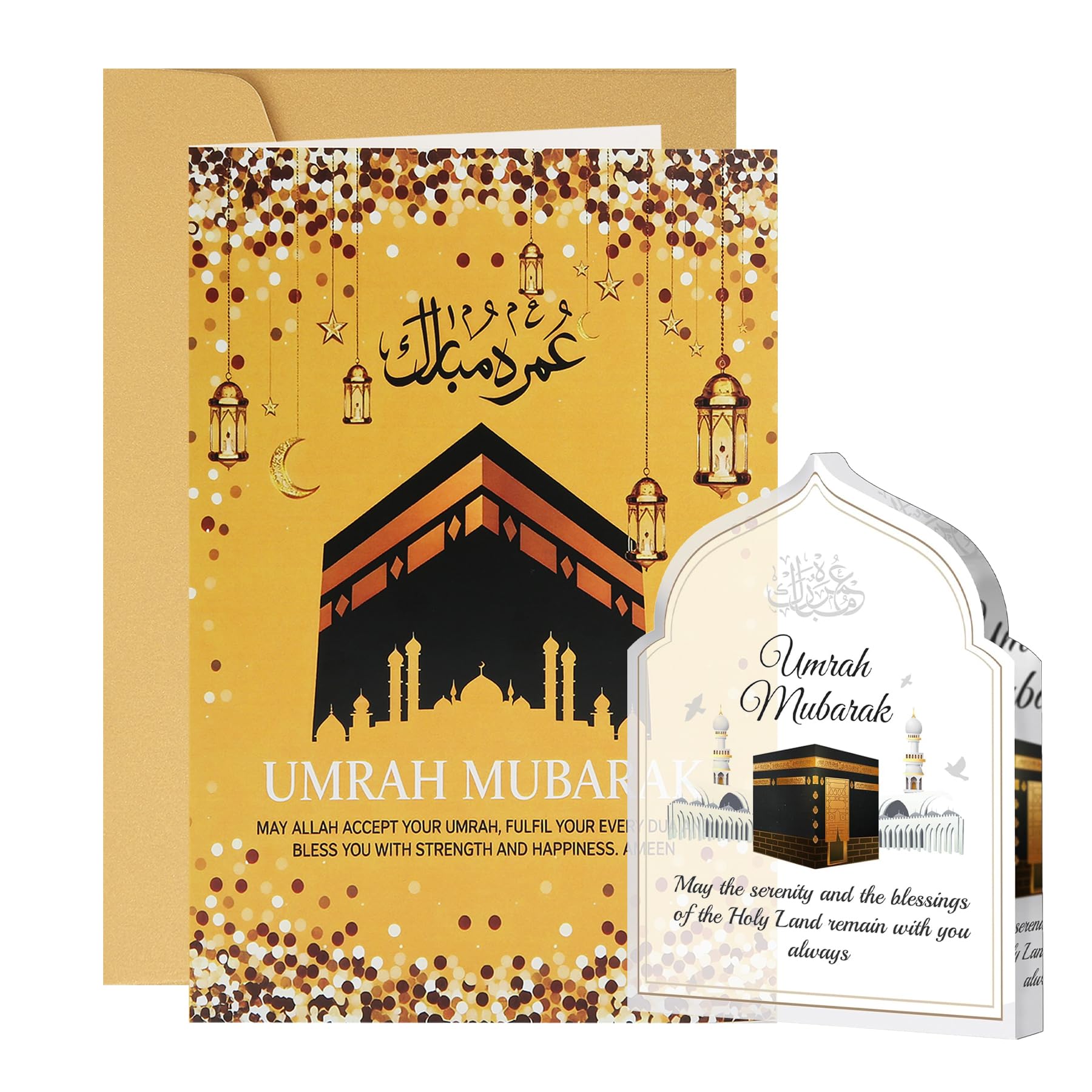 Wasise Umrah Mubarak Card - Umrah Mubarak Gift Set with Card and Acrylic Plaque, Islamic Gifts, Islamic Hajj Celebration Kit, Hajj Home Decoration Ramadan Eid Gifts for Family, Hajj Mubarak Cards
