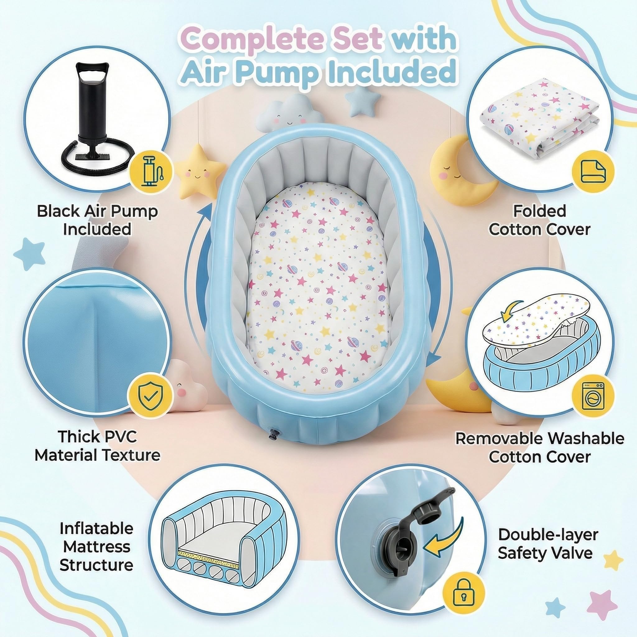 Letto gonfiabile per bambini con rivestimento in cotone rimovibile, materasso ad aria portatile da viaggio per bambini, morbido e lavabile, per campeggio, viaggi in auto, casa e volo (include