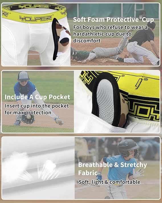 Youper Boys Youth Padded Sliding Shorts with Soft Protective Athletic Cup for Baseball, Football, Lacrosse