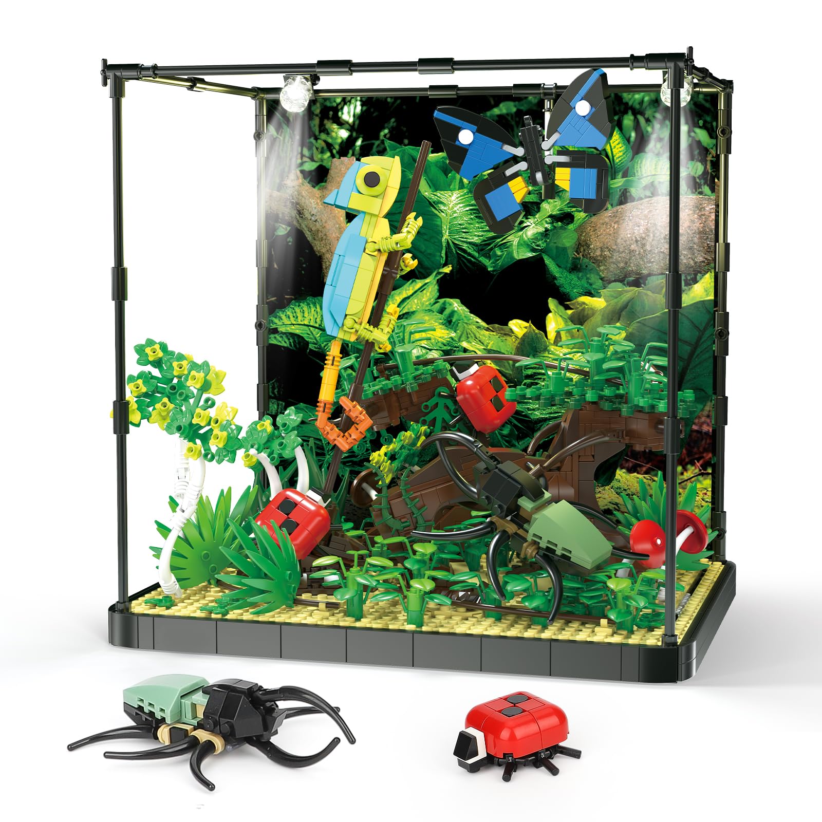 QLT QIAOLETONG Ideas Baukasten mit tropischen Regenwaldtieren?Klemmbausteine Baustein Reptilienlandschaft mit LED-Lichtspielzeug für Erwachsene
