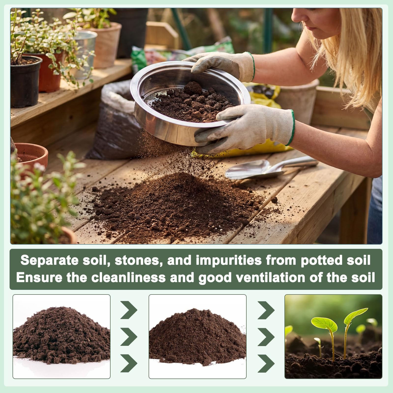 5 in 1 Setaccio da Giardino Ø 1,3,6,9,12mm Setaccio Sabbiain Acciaio Inox + 1 Vanga a Mano per Terra, Pietre, Compost, Erbacce, Sabbia