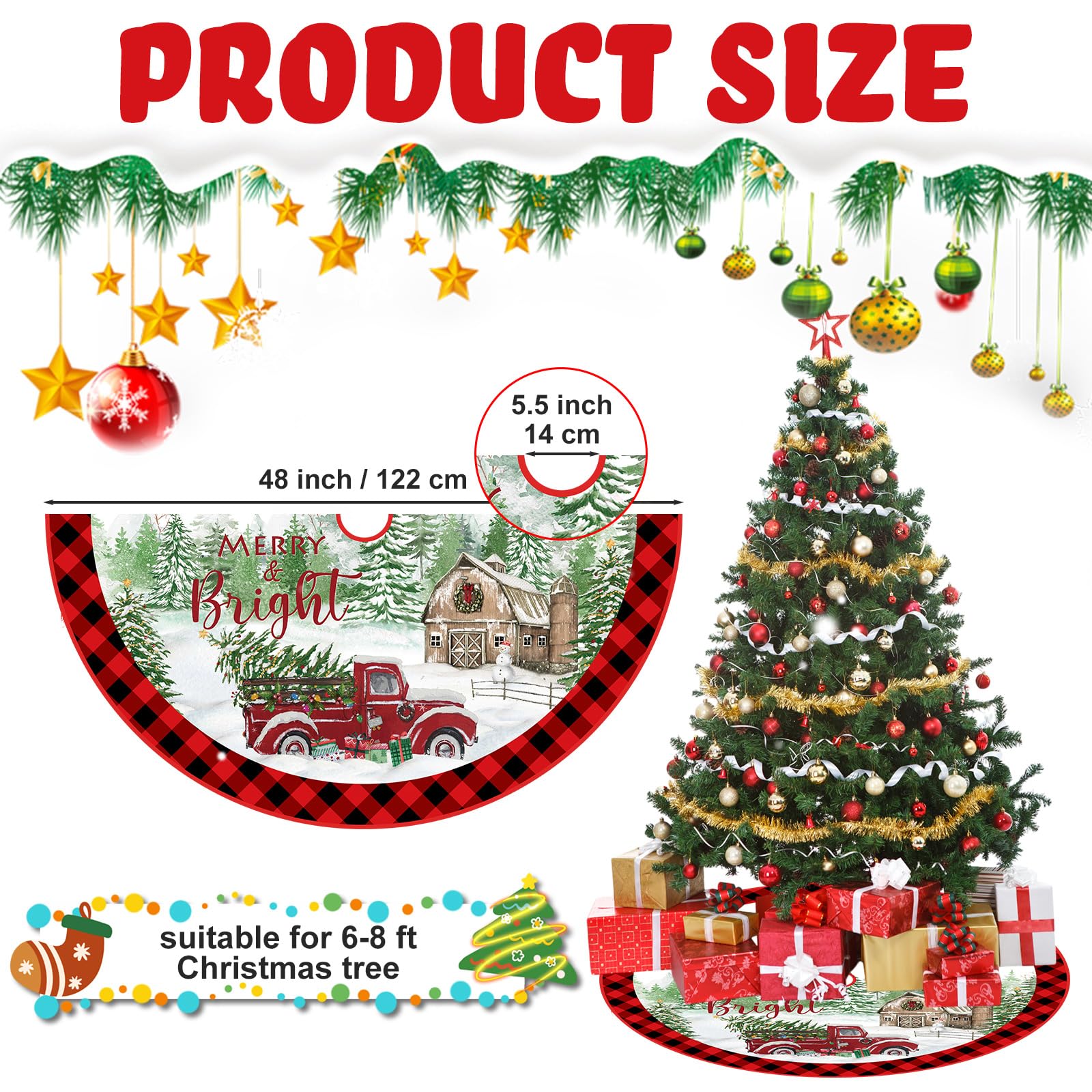 Blosssound Christmas Tree Skirt 48 Inch Red and Black Buffalo Plaid Tree Skirt Red Truck Xmas Tree Skirt Decor Retro Tree Mat for Winter Holiday Farmhouse Christmas Party Tree Decoration