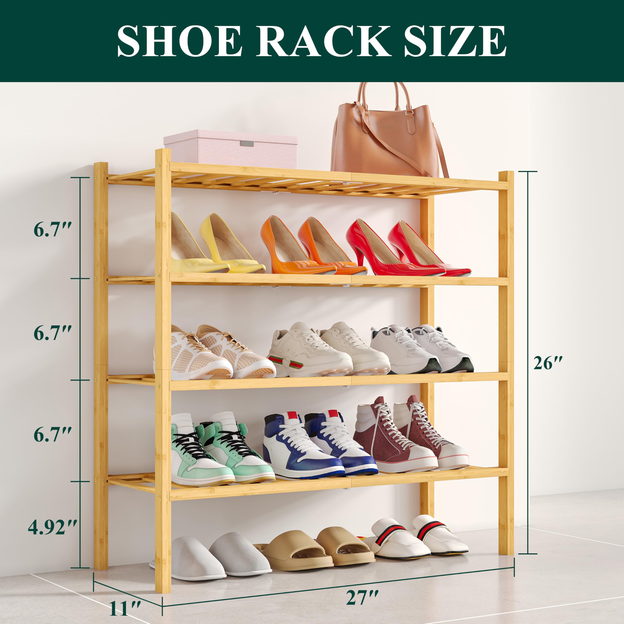 Smiry Shoe Rack, 4 Tier Bamboo Shoe Organizer, Sturdy Stackable Free Standing Wooden Shoe Storage Shelf for Closet, Garage Entryway, Front Door Entrance, Natural